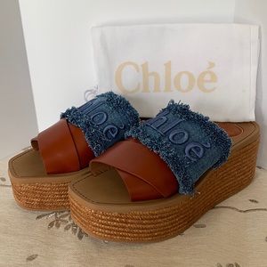 NEW CHLOE Woody Logo Espadrille Platform Wedge Sandal Deep Denim 40 (10)